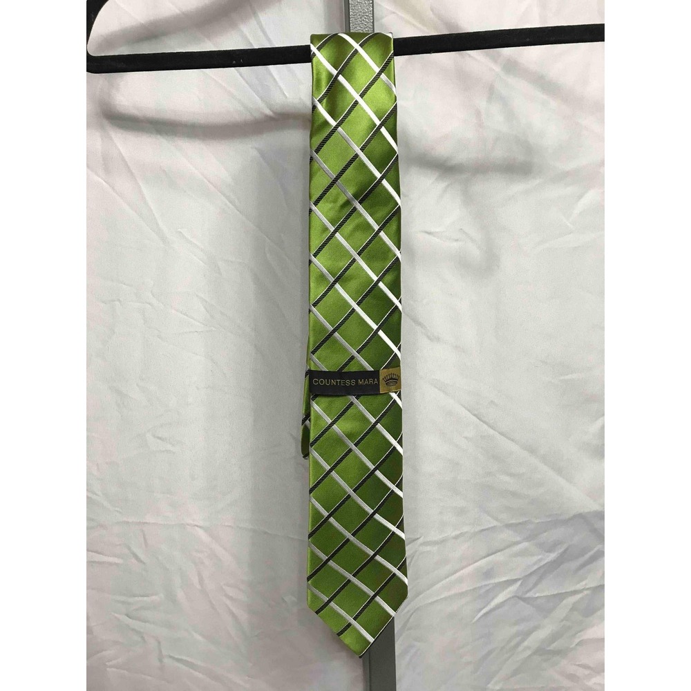 Countess Mara Silk Blend Necktie Green White Plaid Pattern‎ Men's Accessory
